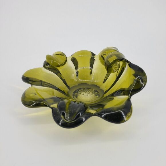 Vintage Murano Style Art Glass Olive Green Candy Dish - Picture 3 of 4